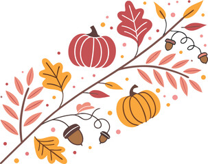 Vector art of autumn branch with pumpkins, leaves, and acorns