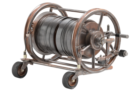 Industrial cable reel on wheels.  Dark-colored cable wound on a large metal reel, mounted on a sturdy, metal cart with wheels.  Machinery details visible