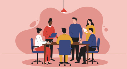 Diverse professional team working together in a modern business meeting, fostering collaboration and strategic discussion.