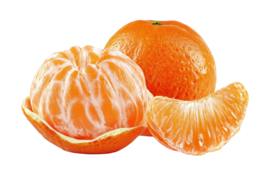 Three bright orange tangerines, one peeled and a segment, on black background
