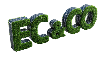 Green and solar panel lettering "ECO & CO" against black background