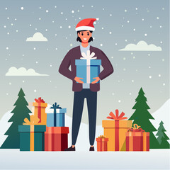 Beautiful isolated brunette in hat holding Christmas presents