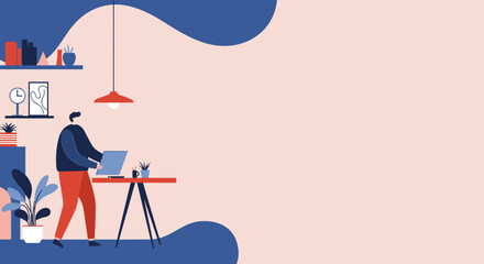 A man working on a laptop at a modern standing desk in a home office, illustrating remote work, online learning, and productivity.