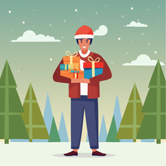 Beautiful isolated brunette in hat holding Christmas presents