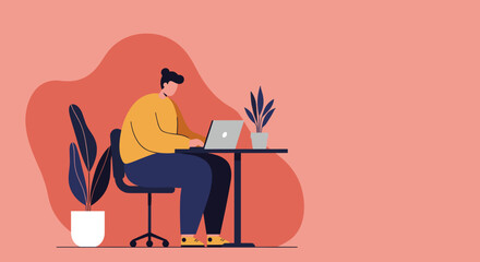 Focused person working remotely on a laptop at a stylish desk with plants. Perfect for business, education, or freelance concepts and modern lifestyle.