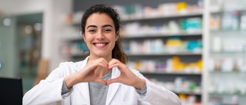 The Pharmacist Making a Heart Gesture in a Modern Pharmacy Setting - Powered by Adobe