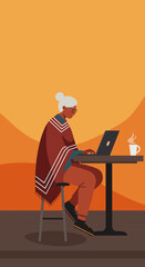 Focused senior woman in a warm poncho working on her laptop at a cafe with a steaming cup of coffee. Represents digital literacy, remote work, and an active retirement lifestyle.