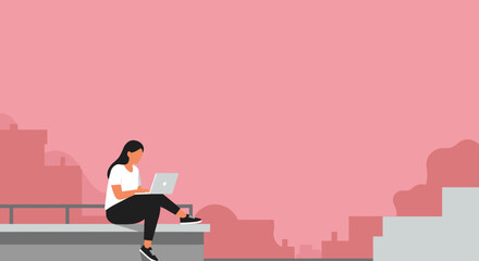 Young woman focused on her laptop, working remotely or studying outdoors in a modern urban environment. Ideal for business, tech, or education concepts.