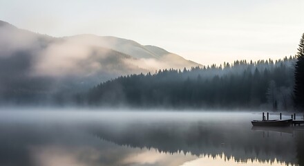 Misty lake and mountains at sunrise with a small dock