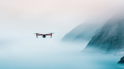 A drone hovers over a misty coastline, capturing serene views of the cliffs and ocean below, creating an ethereal atmosphere.