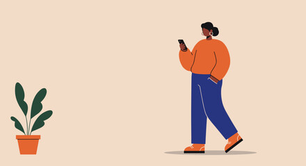 Stylish woman uses smartphone, walking confidently in a modern, casual setting. Perfect for themes of technology, communication, and digital lifestyle.