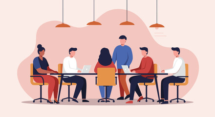 Diverse team of professionals collaborating in a modern office setting. Focused on laptops and discussion, representing teamwork, productivity, and corporate strategy.