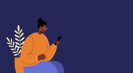 Modern illustration of a stylish person engaging with a smartphone, representing digital connectivity, social media, communication, and online lifestyle. Ideal for tech and personal use concepts.