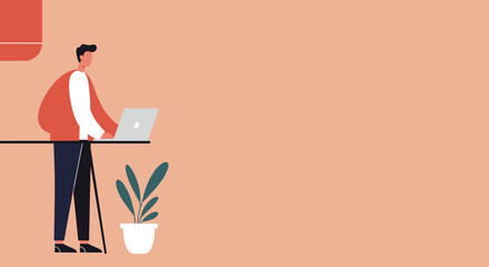 Professional man standing at a modern desk, working on his laptop. Ideal for concepts of remote work, productivity, and contemporary office spaces.