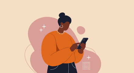 Contemporary Black woman intently using her smartphone, representing digital communication, online interaction, and modern technology in lifestyle and business.