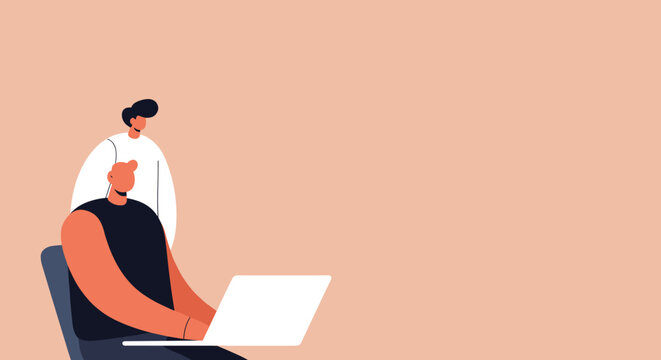 Two colleagues collaborating on a laptop in a modern office setting. Represents teamwork, online learning, or shared digital tasks. Ideal for business concepts.