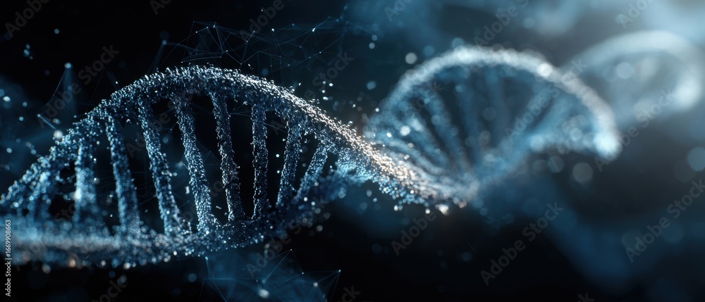 Poster the dna double helix illuminated by glowing particles in futuristic science visualization