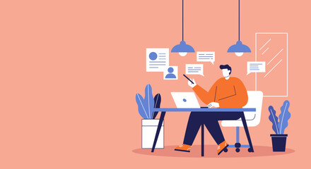 Man working remotely on a laptop and smartphone, engaging in online communication and digital collaboration in a modern home office setting.