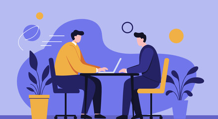 Two professionals collaborate on laptops at a desk in a modern office, symbolizing teamwork, productivity, and professional discussion. Ideal for business, technology, or corporate themes.