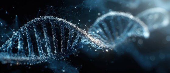 The DNA Double Helix Illuminated by Glowing Particles in Futuristic Science Visualization