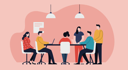 Professional diverse team collaborating in a modern office meeting, discussing ideas and projects. Represents teamwork, strategy, and business productivity.