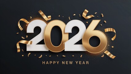 Happy new year 2026 celebration with gold ribbons and confetti on a dark background, festive greeting for the upcoming year