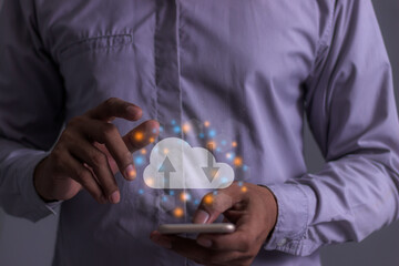 Young man with smartphone mobile hand touching to cloud computing diagram, Data storage, Cloud...