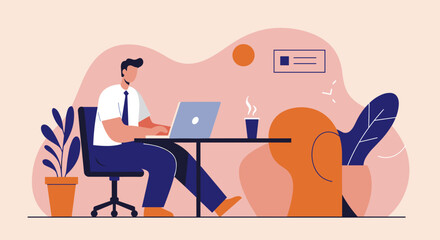 Businessman working remotely on a laptop at a modern home office desk with coffee and a plant, perfect for concepts of productivity, freelance, and a flexible work-life.