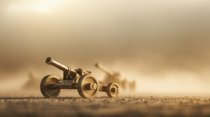 Conceptual dieselpunk artillery cannon in a foggy battlefield setting during early morning