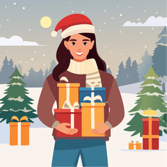 Beautiful brunette in hat holding Christmas presents