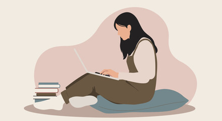Focused young woman working remotely or studying online at home with her laptop and books, showcasing modern digital lifestyle and education.