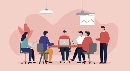 Diverse business team collaborating in a modern office meeting room, discussing strategy and ideas for success. Concept of teamwork and productivity.