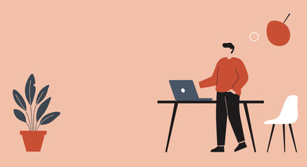 Man standing at a modern desk with a laptop, working or thinking. Ideal for business, remote work, and contemporary lifestyle concepts.