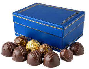 Debauve & Gallais Luxury Chocolate Medallions with Signature Blue Box, Transparent Background PNG.