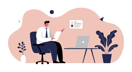 Businessman working diligently in a modern office, reviewing documents and using a laptop. Represents productivity, remote work, and professional analysis.