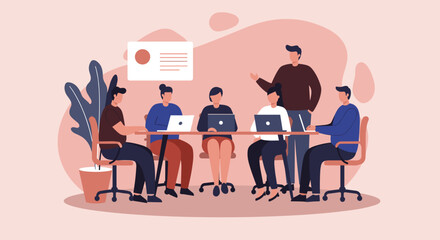 Diverse business team collaborating in a modern office meeting, discussing strategy and ideas. Ideal for corporate communication and professional development.