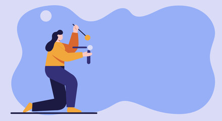 Woman meticulously balancing abstract elements, symbolizing strategic problem-solving, precision, and development in business or project management.