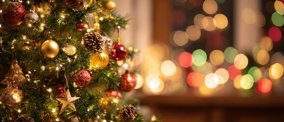 The Christmas tree decorated with gold and red ornaments against bokeh lights