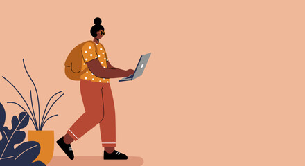 Illustration of a person walking with a laptop and backpack, embodying remote work, flexible learning, and modern digital nomadic lifestyles or travel.