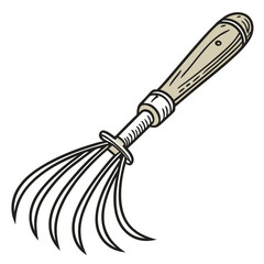 Obraz premium Illustration of a garden cultivator tool with a wooden handle and metal tines on a white background garden tool
