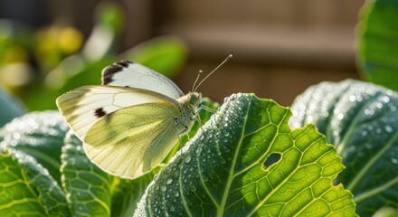 Close-up of a white butterfly on a dewy cabbage leaf