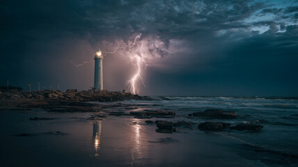 Lighthouse illuminates the stormy sea as lightning strikes at night