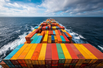 Colorful cargo containers stacked on a large shipping vessel navigating the open ocean under a cloudy sky