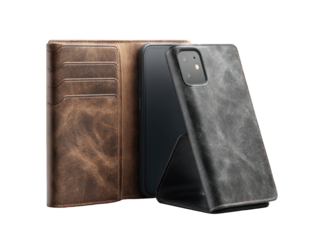 Leather wallet phone case, open, showing gray/tan design