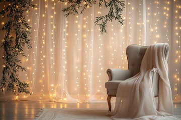 Maternity backdrop, wedding backdrop, photography background with tulle fabric, armchair, and fairy lights.