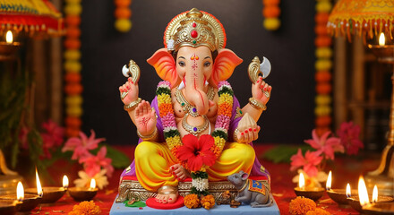 Fototapeta premium Divine Lord Ganesha Sitting on Lotus with Spiritual and Artistic Backgrounds