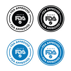 FDA Approved icon set. Food and Drug Administration FDA label, badge, logo, symbol, black, vector, isolated illustration. FDA registered certified, accepted, verified, allowed, authorized made sign