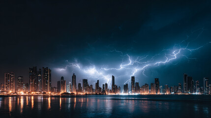 Obraz premium Stunning night panorama of a modern metropolis skyline illuminated by lightning