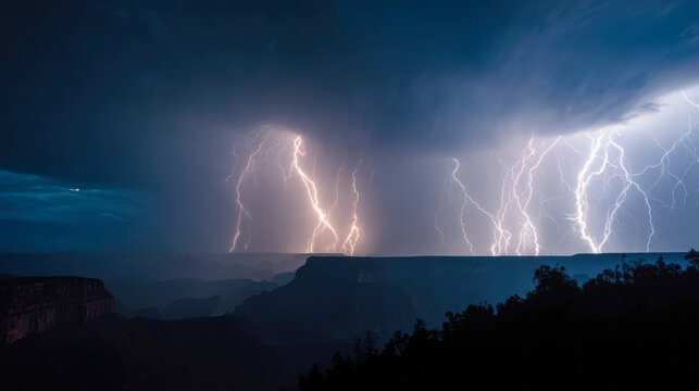 Night canyon panorama showcasing an impressive storm with a giant presence in the sky