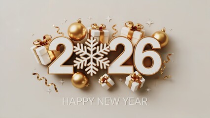 Happy new year 2026 with golden snowflake, gifts, ornaments, and confetti on a light background, festive holiday